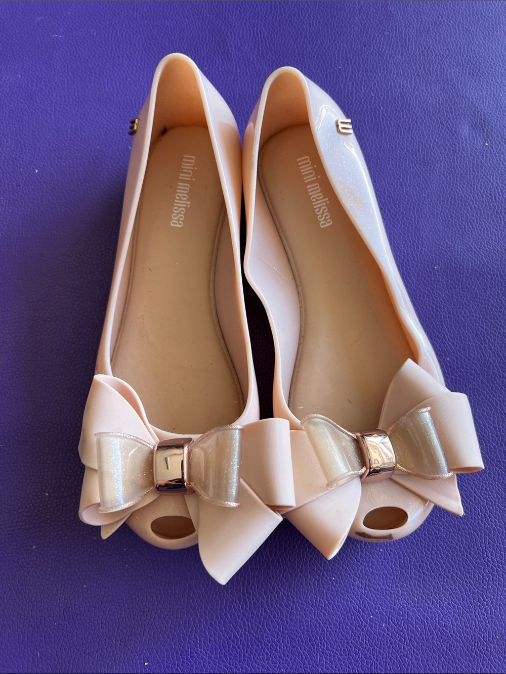 Mini Melissa Blush Pink Bow Peep-Toe Flats with Shimmer Accent